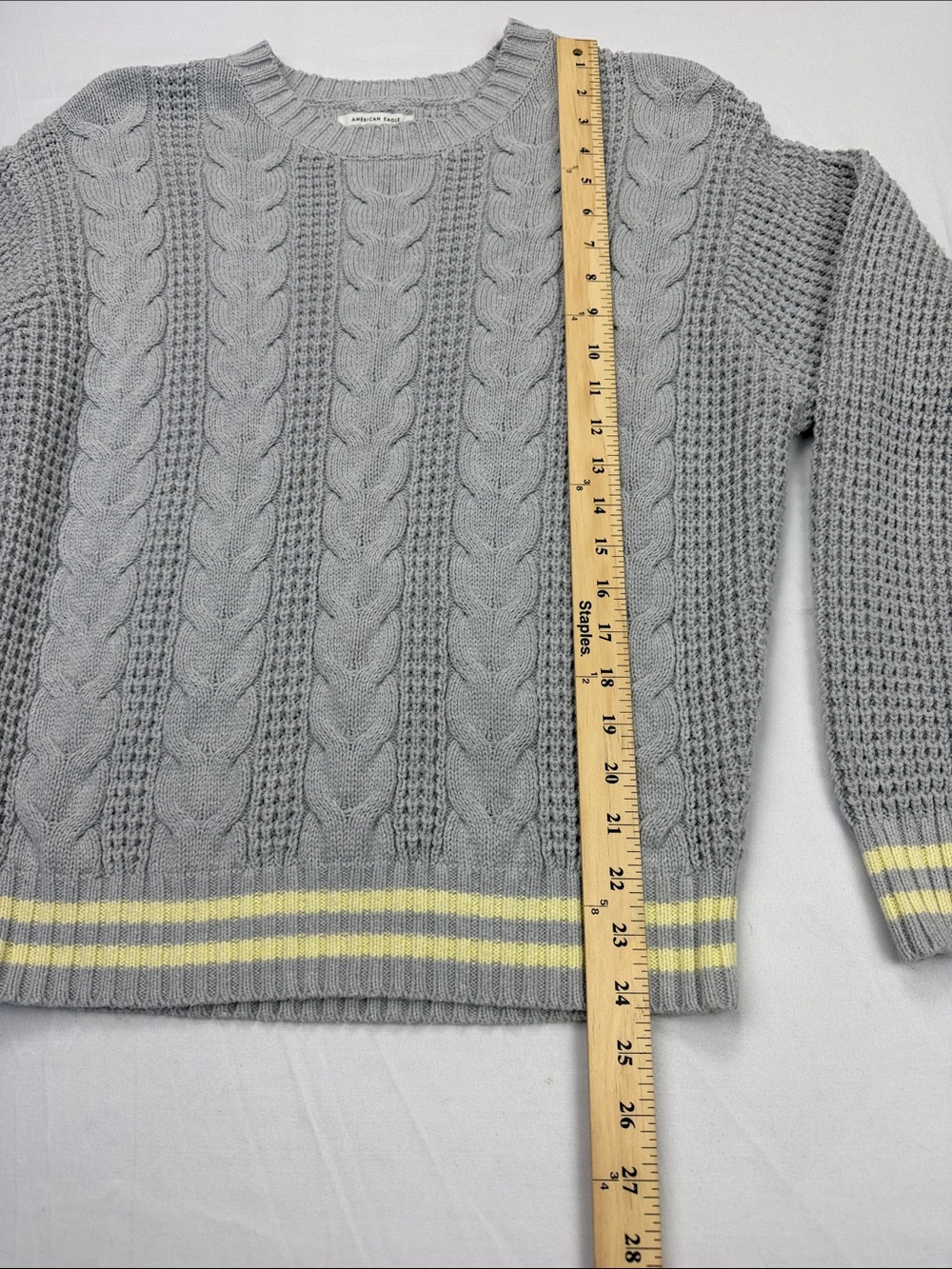 American Eagle Outfitters Gray Crewneck Sweater with Yellow Stripe Accents - Picture 2 of 10